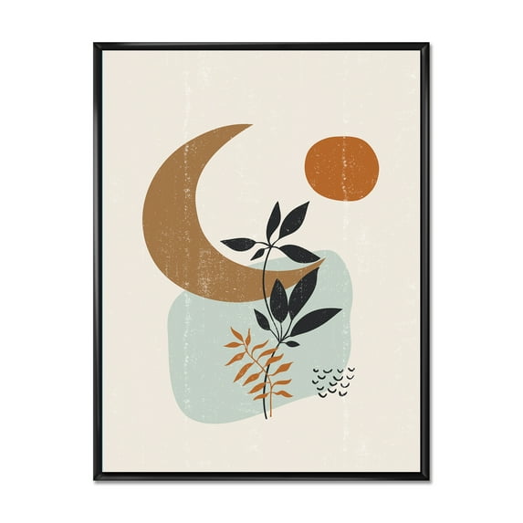 Designart 'Abstract Moon and Sun With Minimal Plants' Modern Framed Canvas Wall Art Print