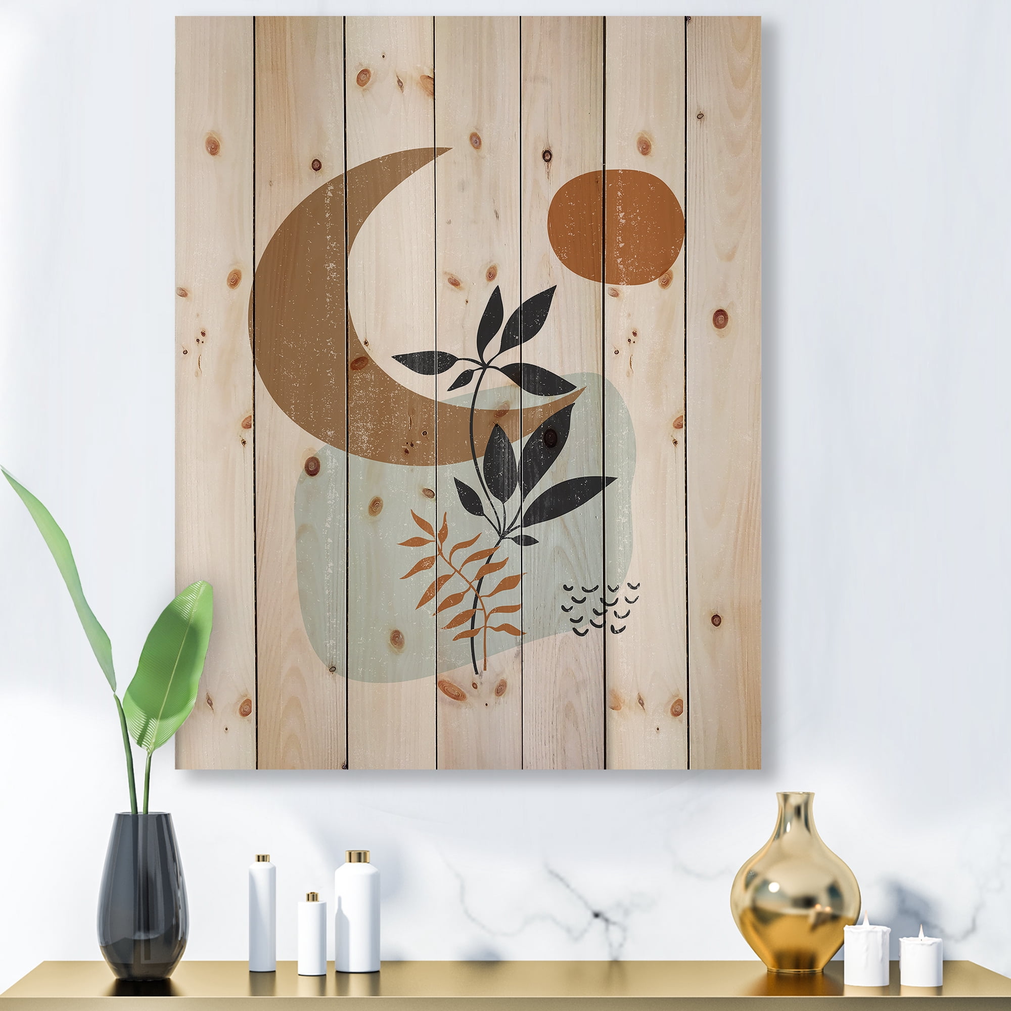 Designart 'Abstract Moon and Sun With Minimal Plants' Modern Print on Natural Pine Wood