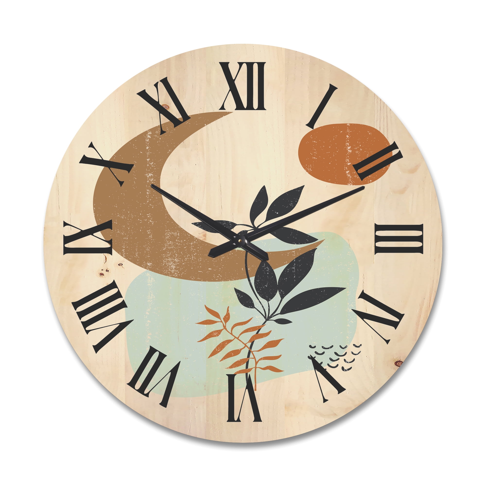 Designart 'Abstract Moon and Sun With Minimal Plants' Modern Wood Wall Clock