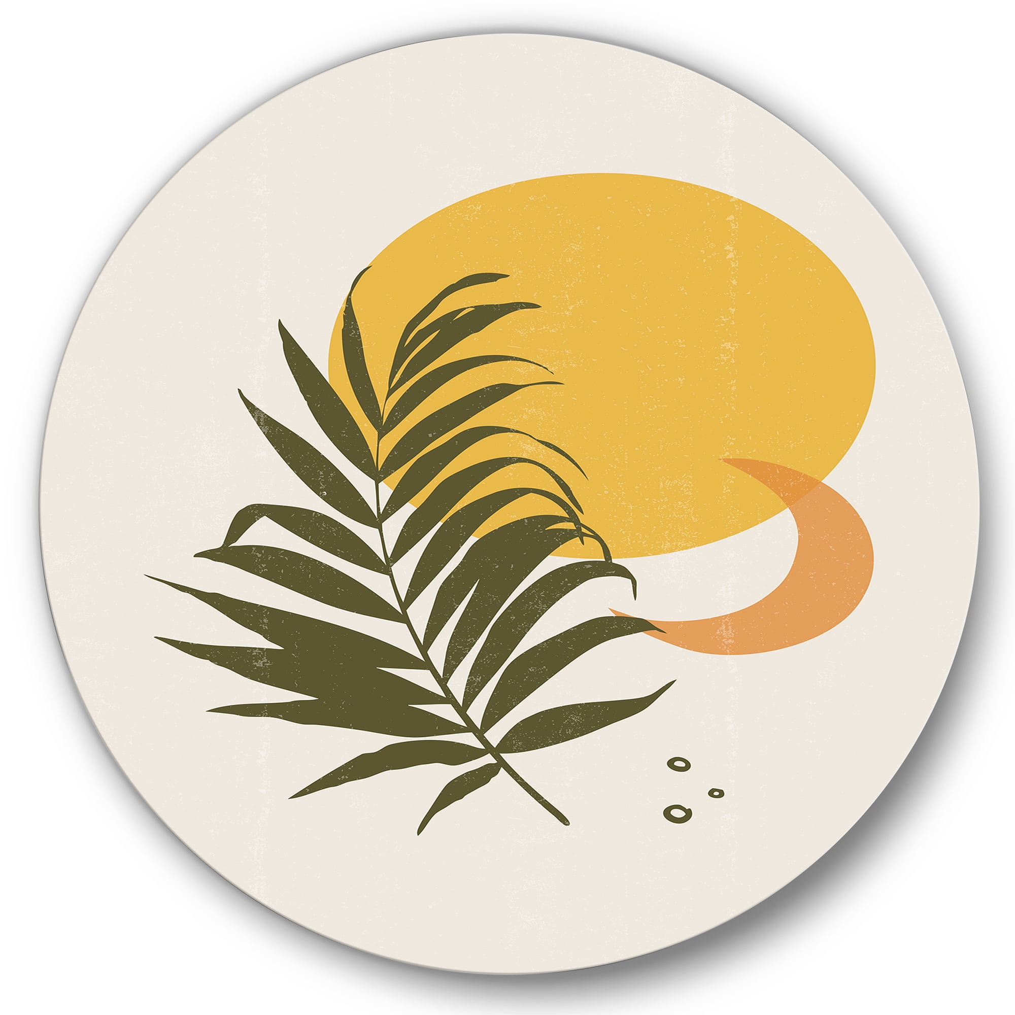 Designart 'Abstract Moon and Yellow Sun With Tropical Leaf I' Modern Circle Metal Wall Art 29x29 - Disc of 29