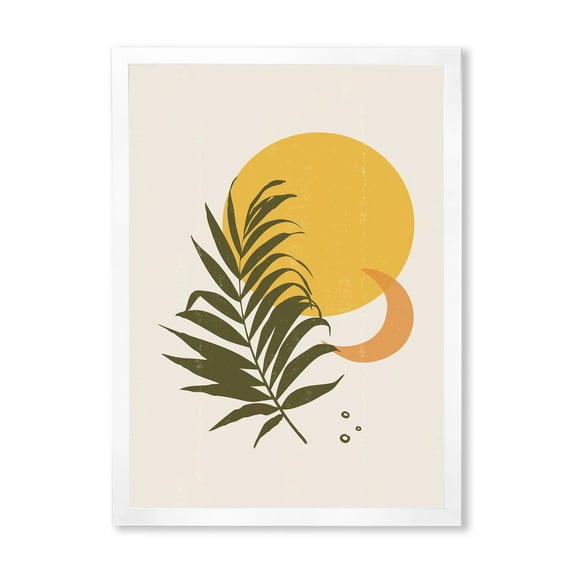 Designart 'Abstract Moon and Yellow Sun With Tropical Leaf I' Modern Framed Art Print