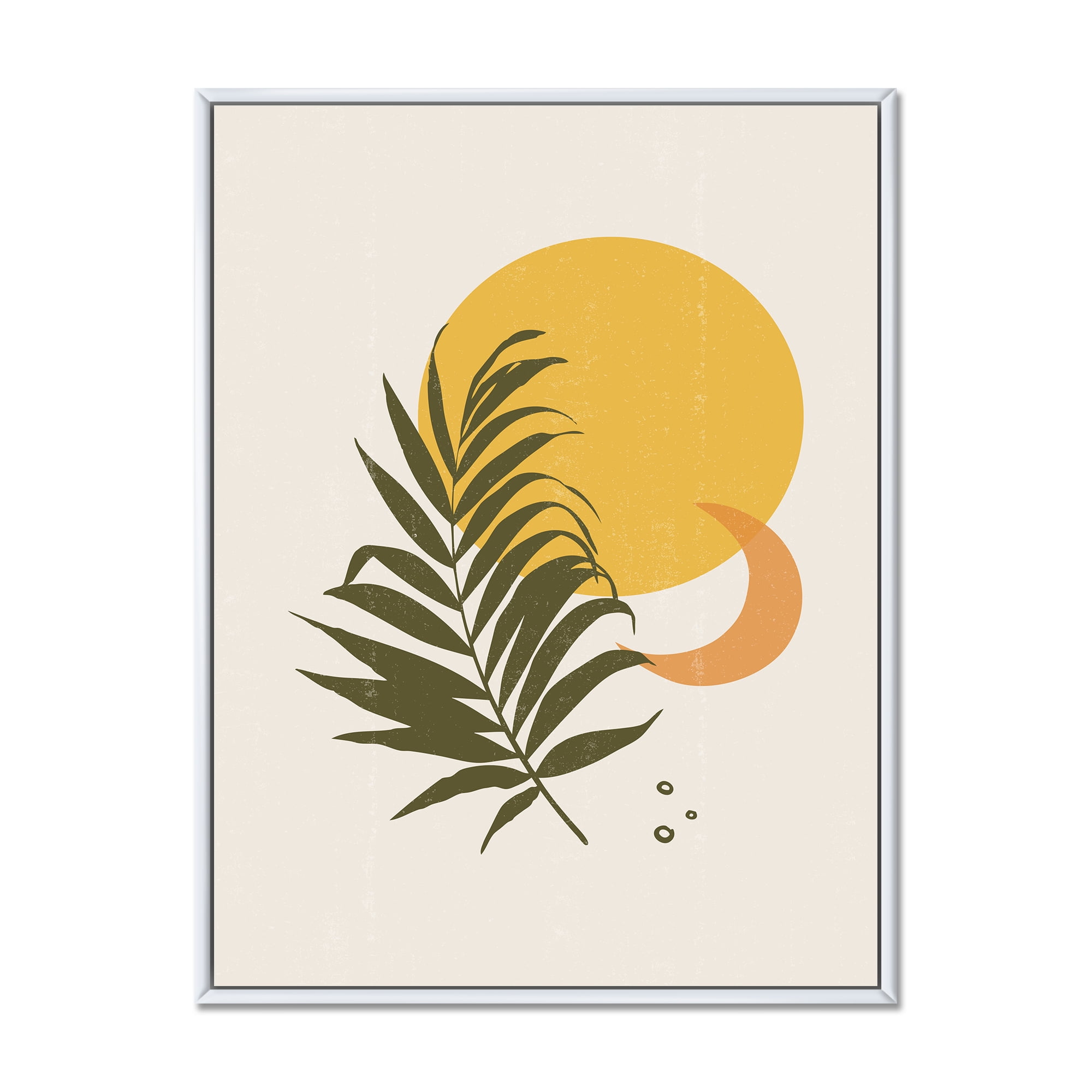 Designart 'Abstract Moon and Yellow Sun With Tropical Leaf I' Modern Framed Canvas Wall Art Print