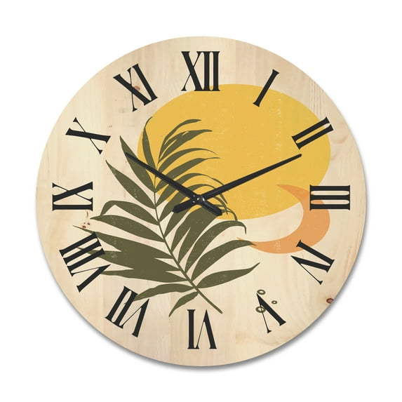 Designart 'Abstract Moon and Yellow Sun With Tropical Leaf I' Modern Wood Wall Clock