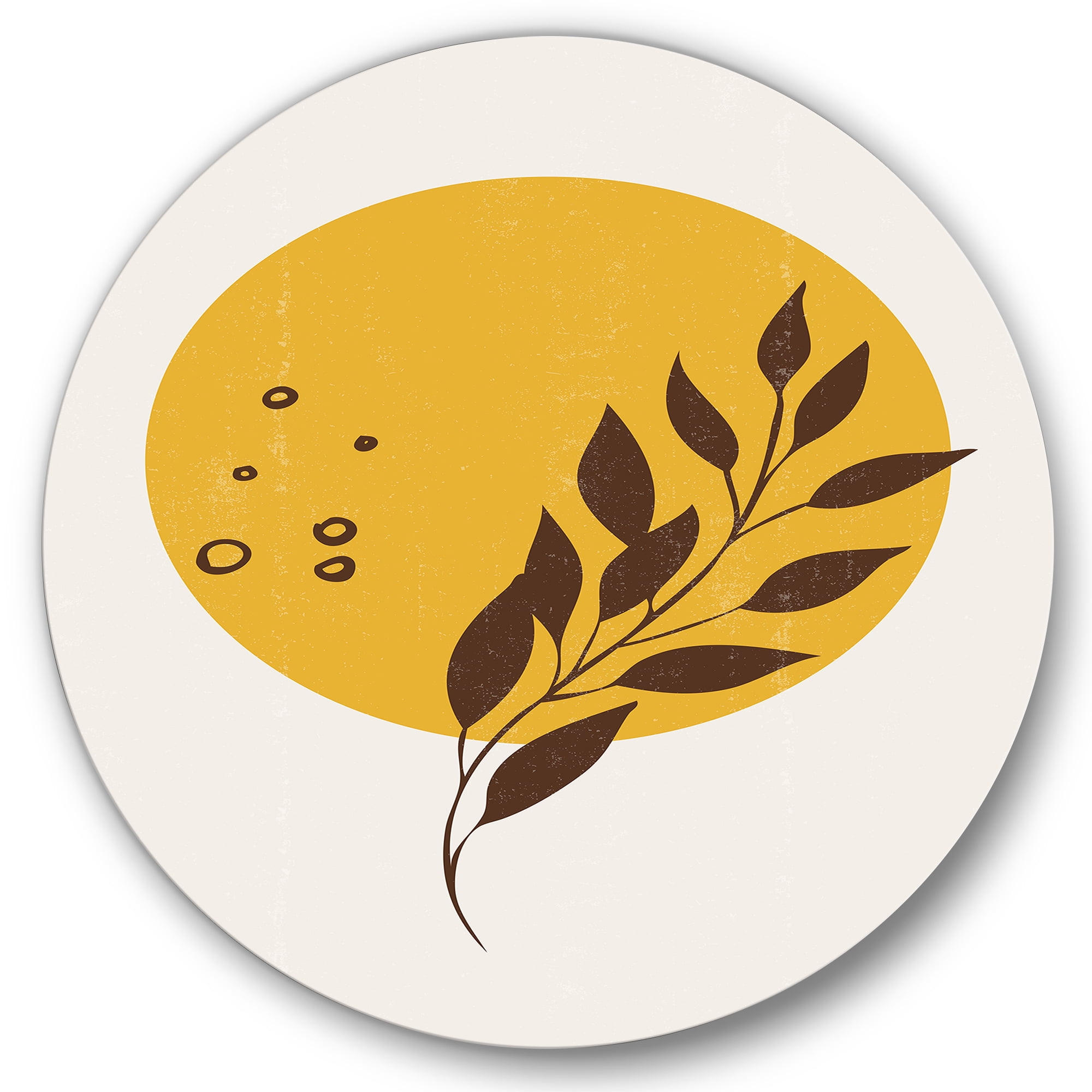 Designart 'Abstract Moon and Yellow Sun With Tropical Leaf II' Modern Circle Metal Wall Art 36x36 - Disc of 36