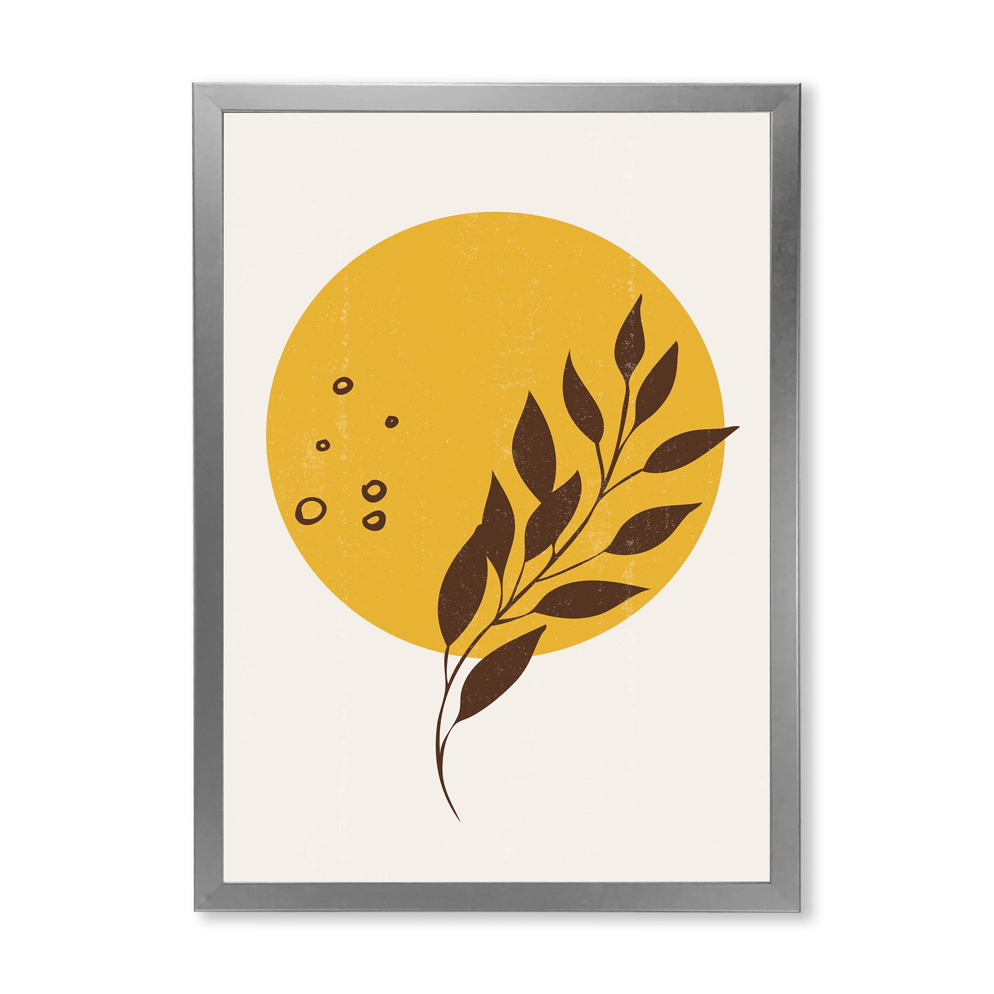 Designart 'Abstract Moon and Yellow Sun With Tropical Leaf II' Modern Framed Art Print