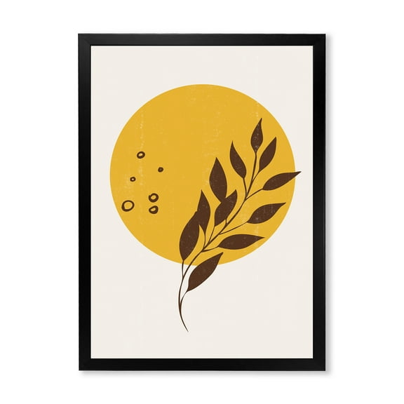 Designart 'Abstract Moon and Yellow Sun With Tropical Leaf II' Modern Framed Art Print