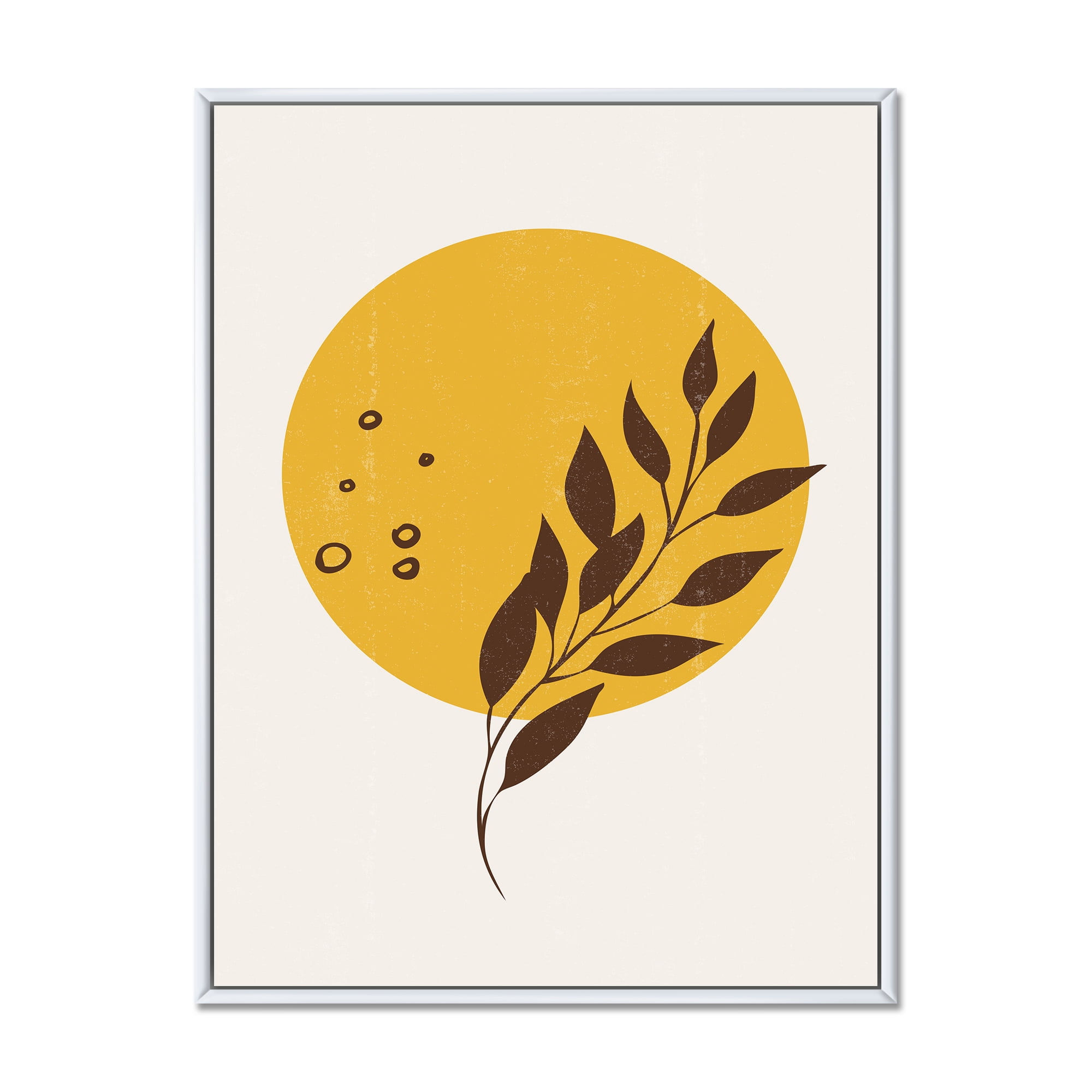 Designart 'Abstract Moon and Yellow Sun With Tropical Leaf II' Modern Framed Canvas Wall Art Print