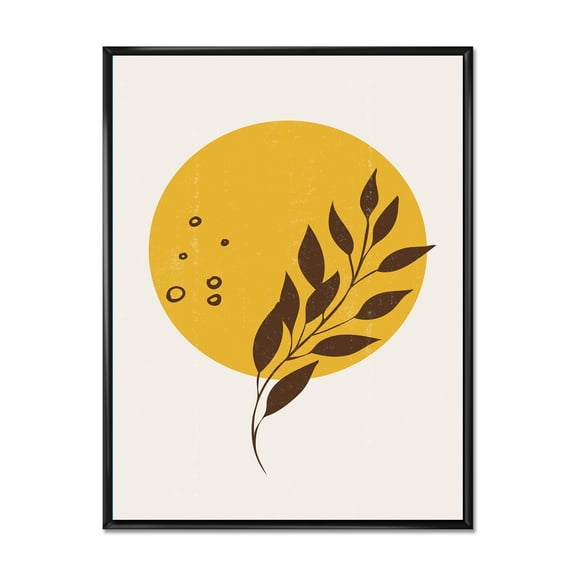 Designart 'Abstract Moon and Yellow Sun With Tropical Leaf II' Modern Framed Canvas Wall Art Print