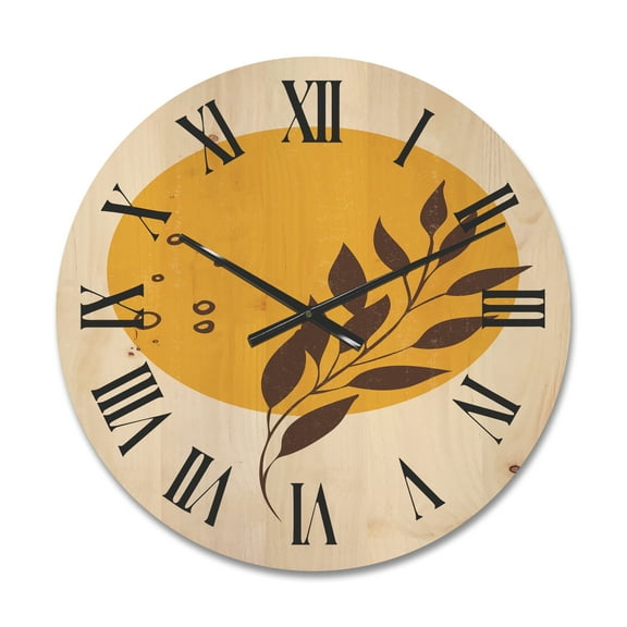 Designart 'Abstract Moon and Yellow Sun With Tropical Leaf II' Modern Wood Wall Clock