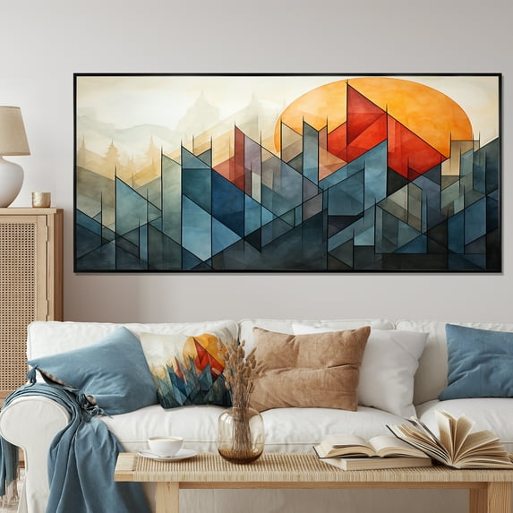 Designart "Abstract Mountain Landscape Orange and Green" Oversized Landscapes Framed Wall Art - Modern Orange Abstract Landscapes Entryway Framed Wall Art Print