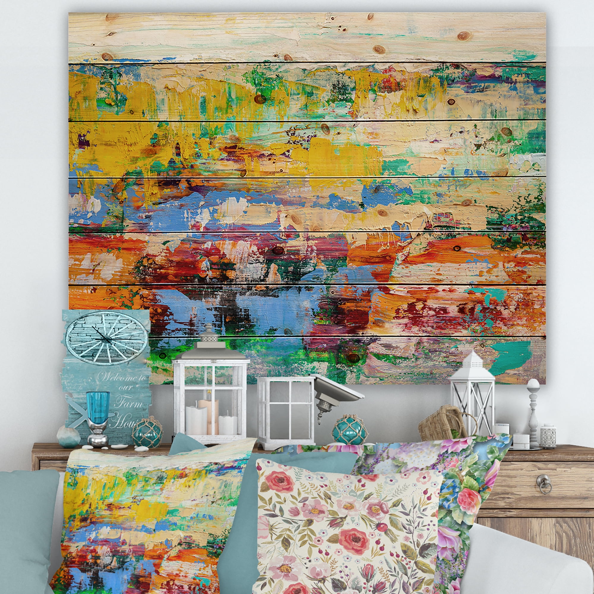 Designart 'Abstract Multicolored Bright Texture Art I' Modern Print on Natural Pine Wood