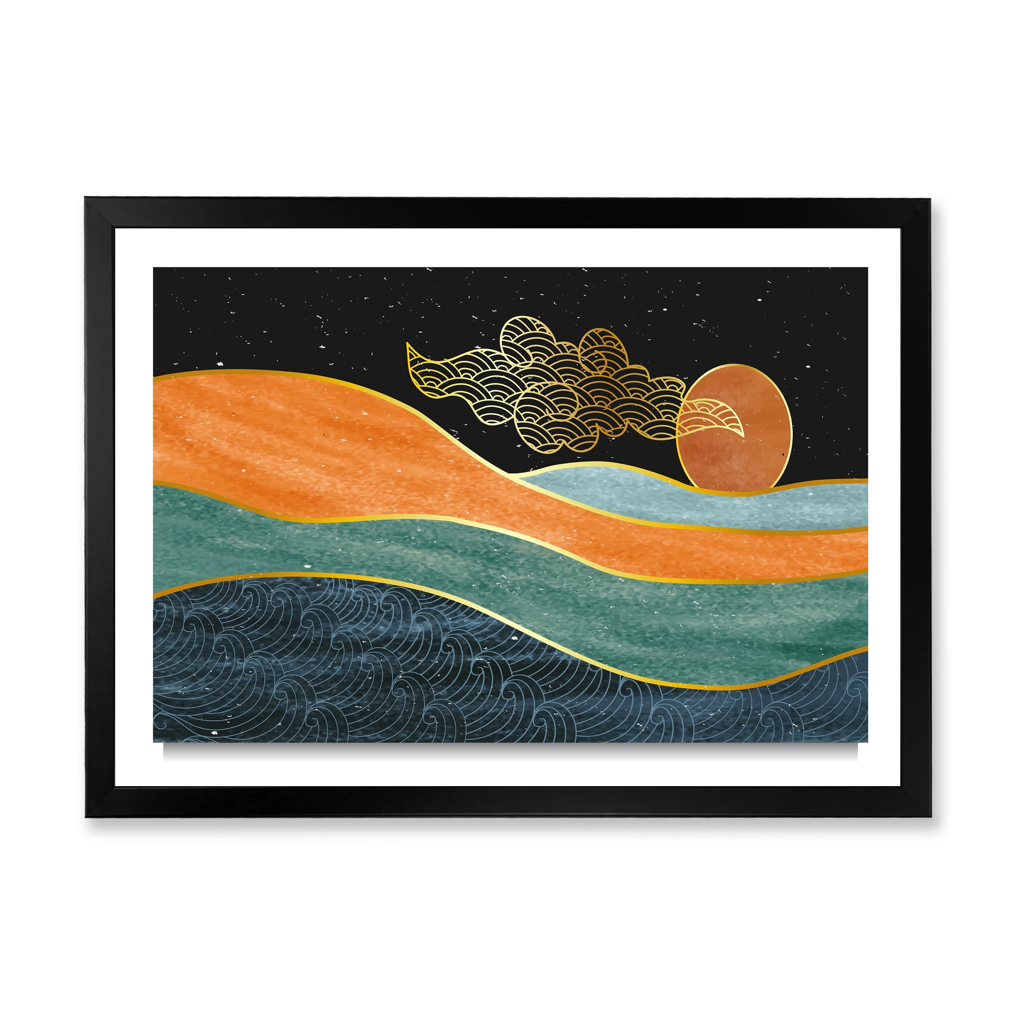 Designart 'Abstract Nature Sea Sun Sky Mountain Landscape' Modern Framed Art Print
