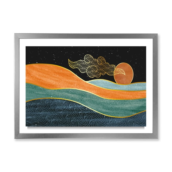 Designart 'Abstract Nature Sea Sun Sky Mountain Landscape' Modern Framed Art Print