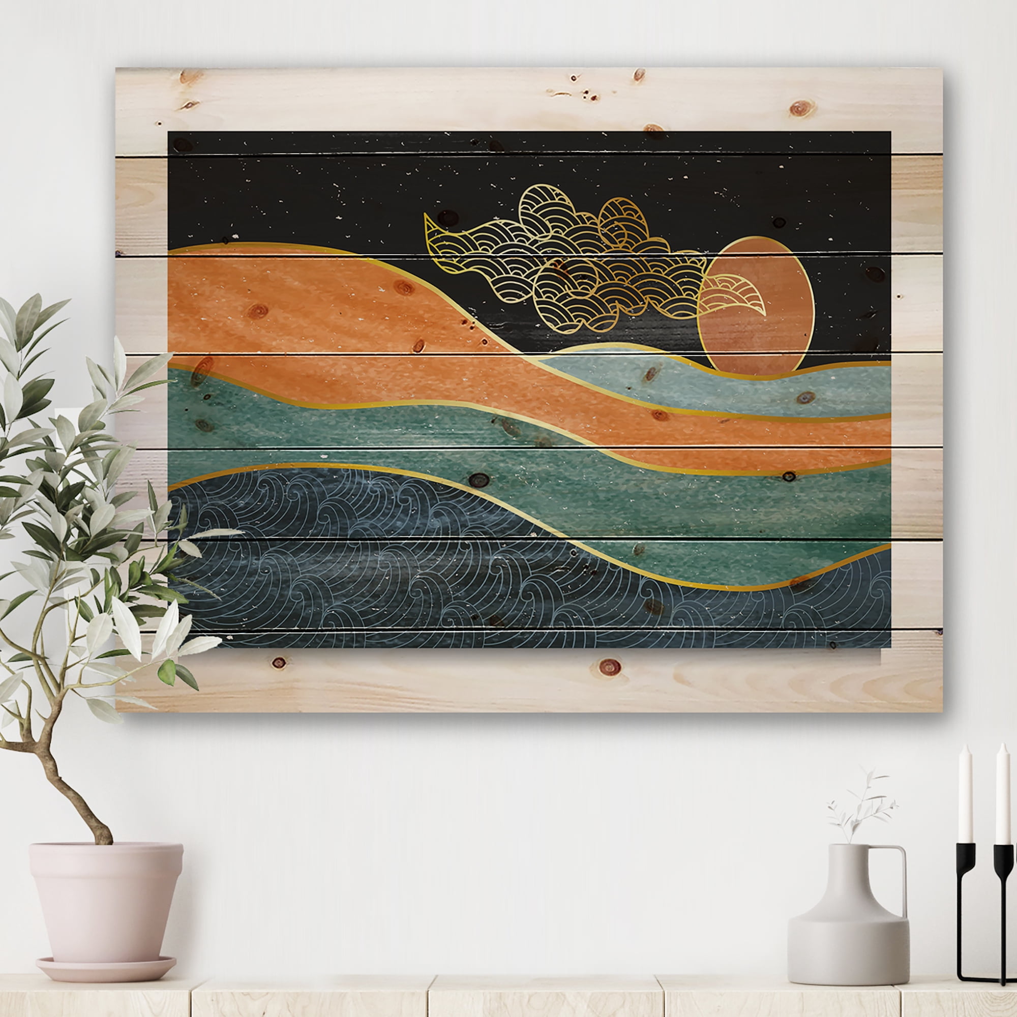 Designart 'Abstract Nature Sea Sun Sky Mountain Landscape' Modern Print on Natural Pine Wood