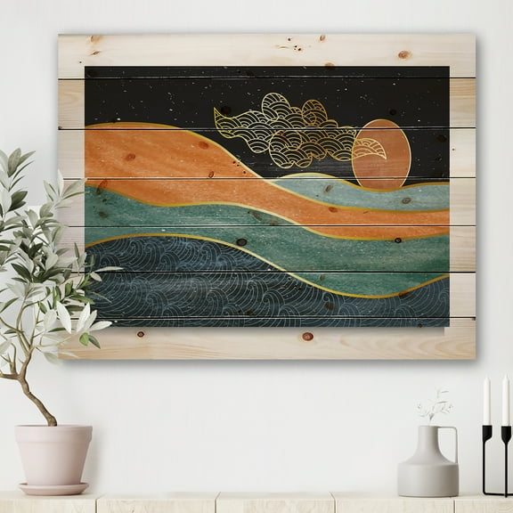 Designart 'Abstract Nature Sea Sun Sky Mountain Landscape' Modern Print on Natural Pine Wood