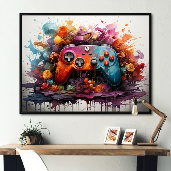 Designart "Abstract Neon Video Game Controller" Fashion Framed Wall Art - Modern Colorful Video Games Living Room Framed Canvas Art