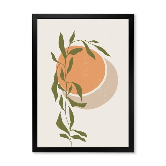 Designart 'Abstract Orange Moon and Sun With Tropical Leaf' Modern Framed Art Print