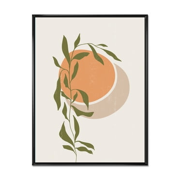 Designart 'Abstract Orange Moon and Sun With Tropical Leaf' Modern Framed Canvas Wall Art Print