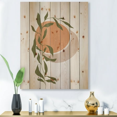 Designart 'Abstract Orange Moon and Sun With Tropical Leaf' Modern Print on Natural Pine Wood