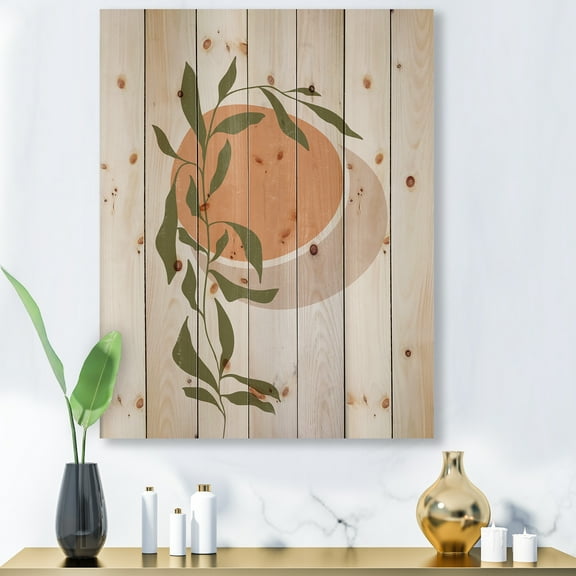 Designart 'Abstract Orange Moon and Sun With Tropical Leaf' Modern Print on Natural Pine Wood