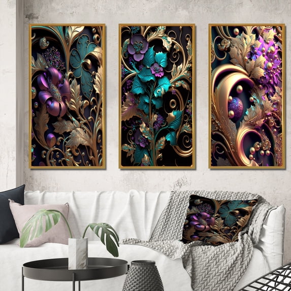 Designart "Abstract Ornate Flowers Purple and Gold Delight I" Floral Framed Wall Art Set Of 3 - Gold Traditional Frame Gallery Set For Office Decor
