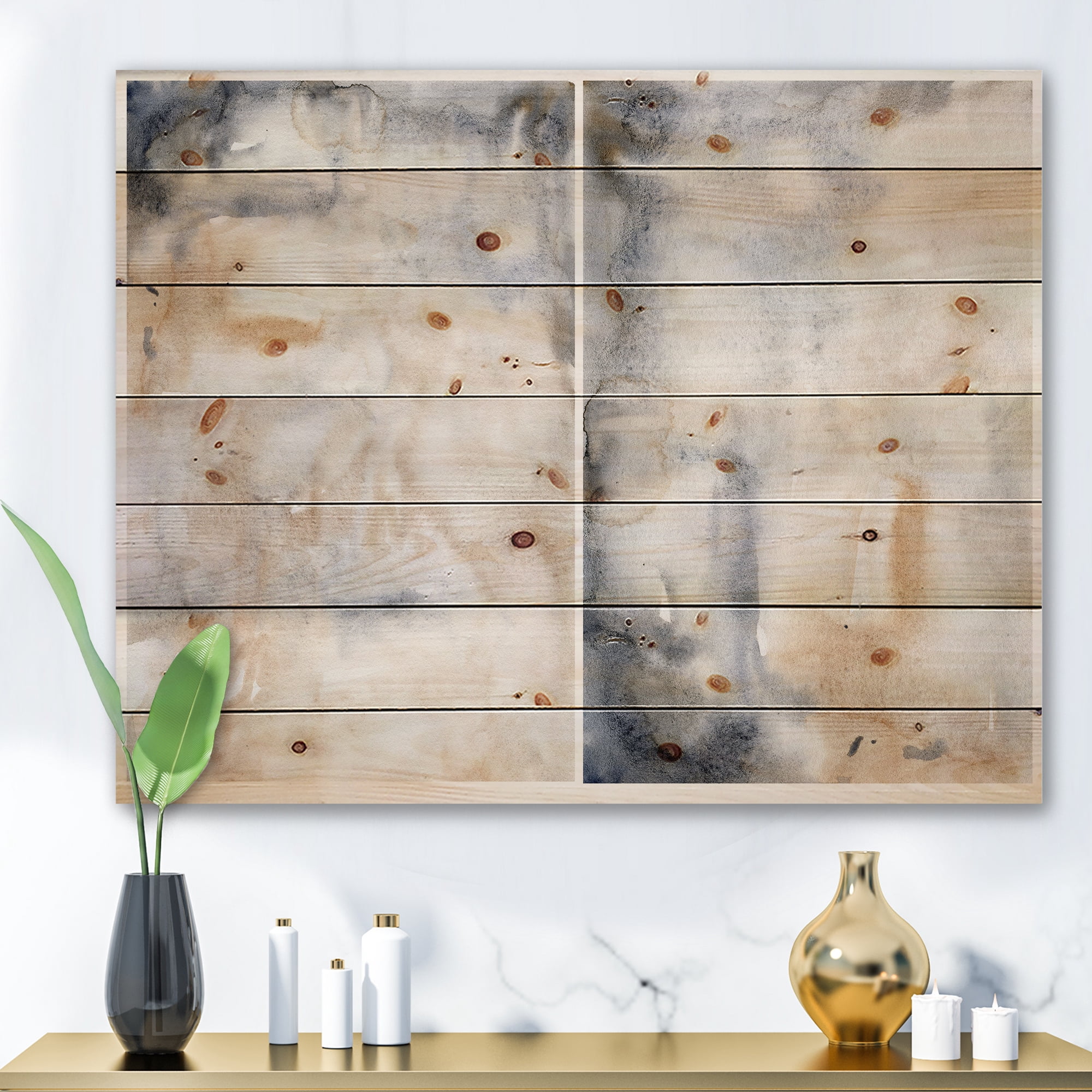 Designart 'Abstract Paste With Dark Blue and Beige' Modern Print on Natural Pine Wood