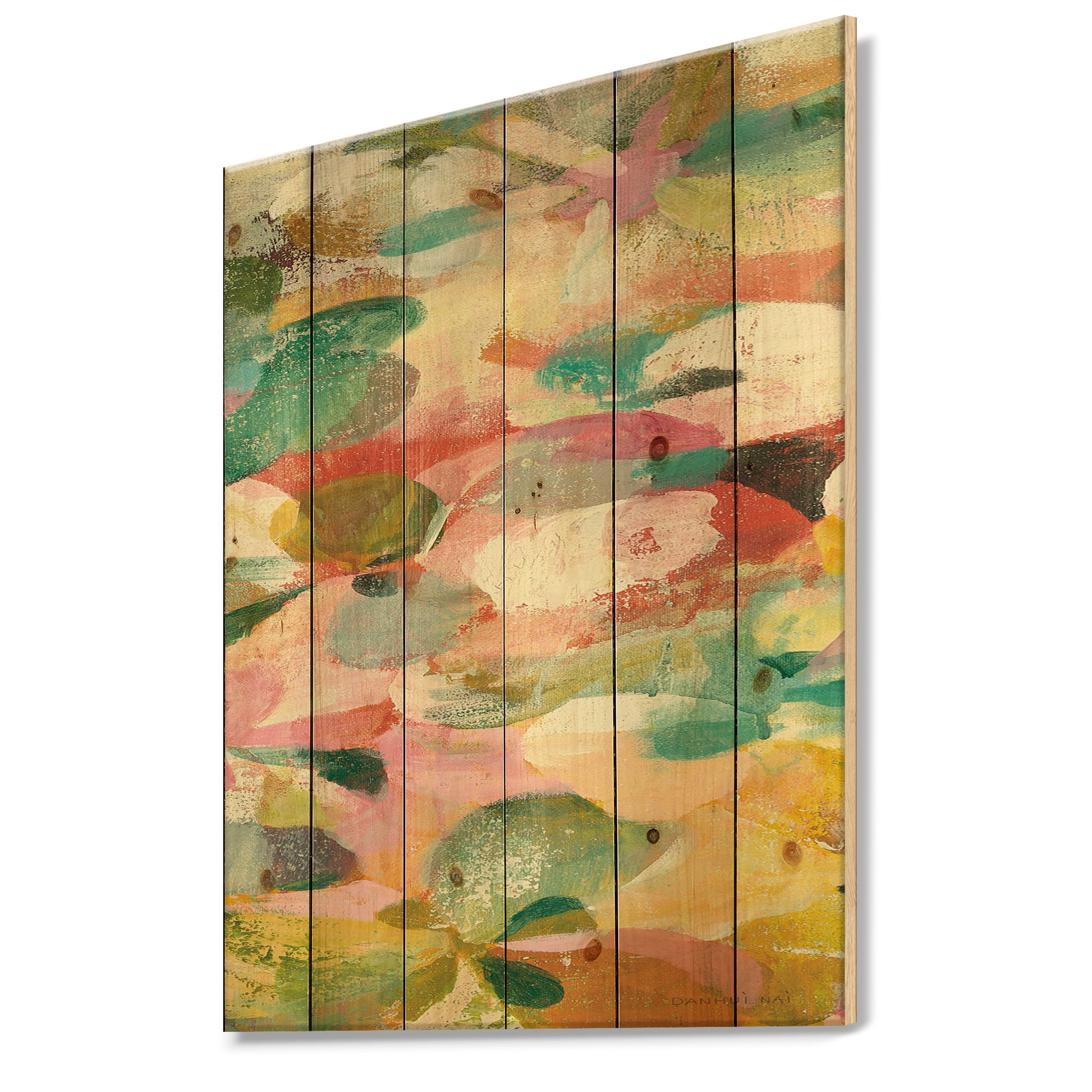 Designart 'Abstract Pastel Flower Painting with Pink and Blue' Cabin & Lodge Print on Natural Pine Wood