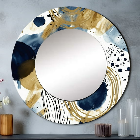 Designart "Abstract Pattern with Blue and Golden Textures IV" Abstract Rund Mirror For Wall Decor - Large Blue Round Printed Mirror - Traditional Round Mirror 36" x 36" Inch