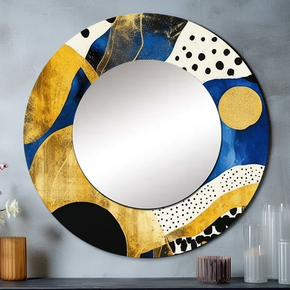 Designart "Abstract Pattern with Blue and Golden Textures XIII" Minimalism Round Mirror Wall Décor Traditional - Large Blue Round Mirror - Round Mirror 29" x 29" Inch