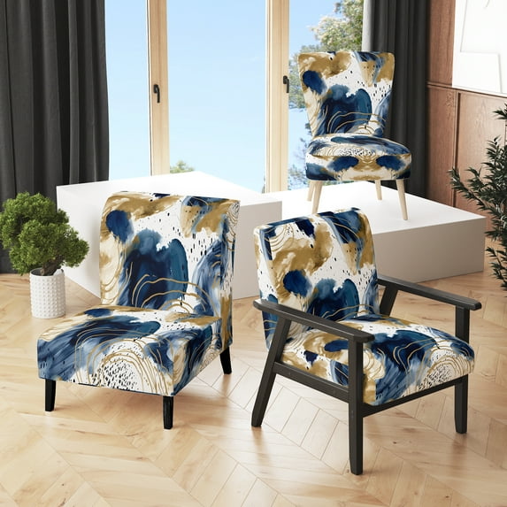 Designart "Abstract Pattern With Blue & Golden Textures II" Upholstered Abstract Accent Chair and Modern & Contemporary Arm Chair - Multiple Color & Pattern
