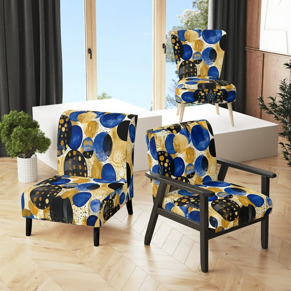 Designart "Abstract Pattern With Blue & Golden Textures IX" Upholstered Modern Geometric Accent Chair and Modern & Contemporary Arm Chair - Multiple Color & Pattern