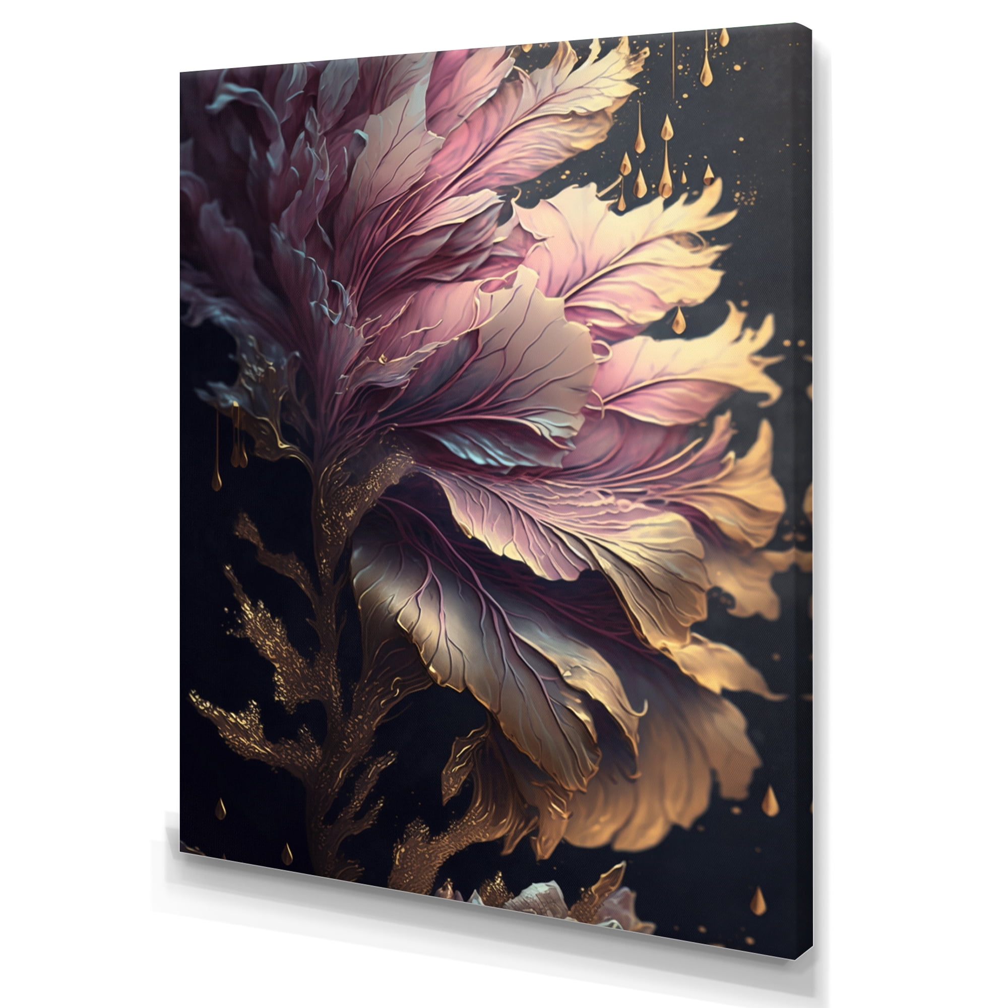 Designart Abstract Pink And Gold Leaves III Canvas Wall Art