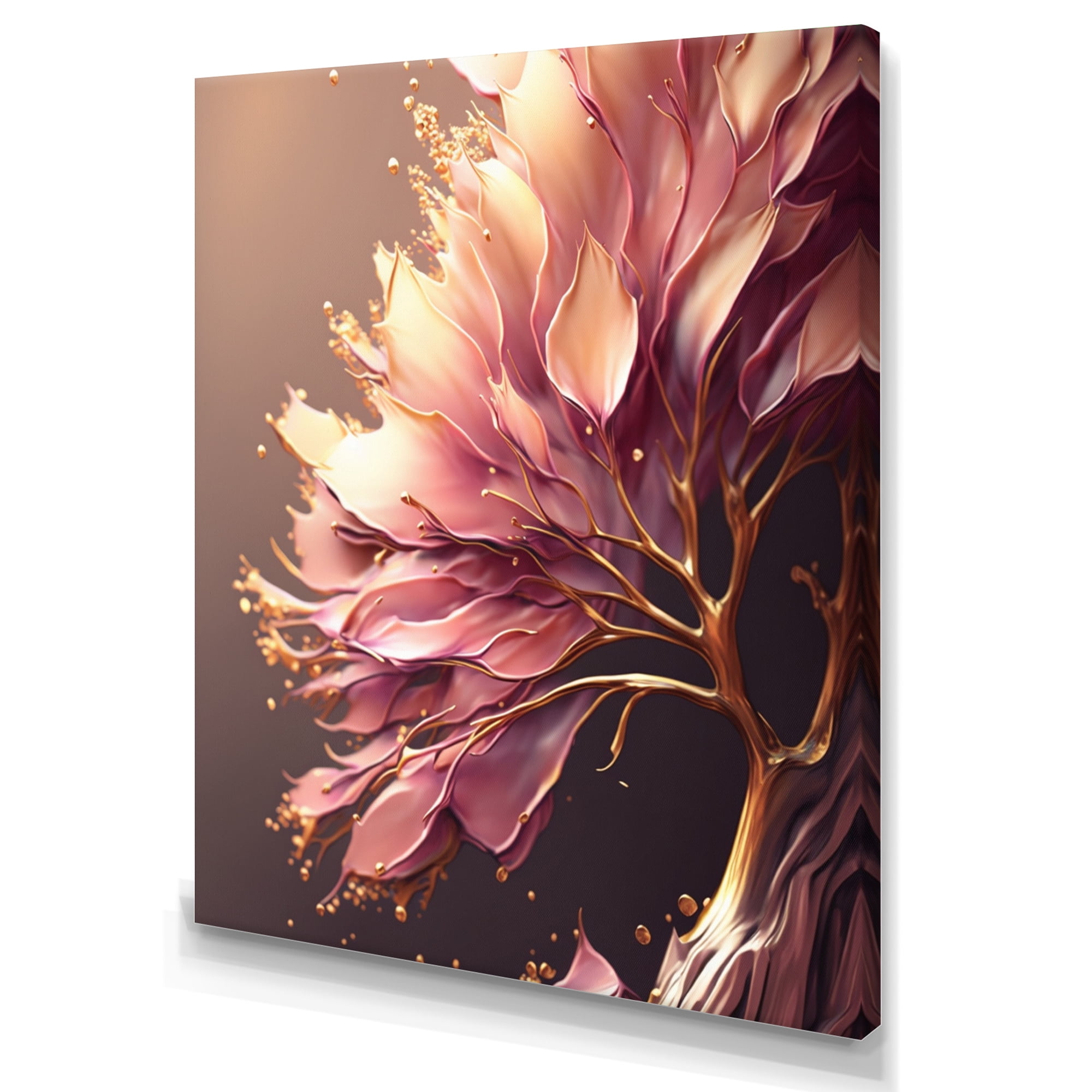 Designart Abstract Pink And Gold Leaves IV Canvas Wall Art