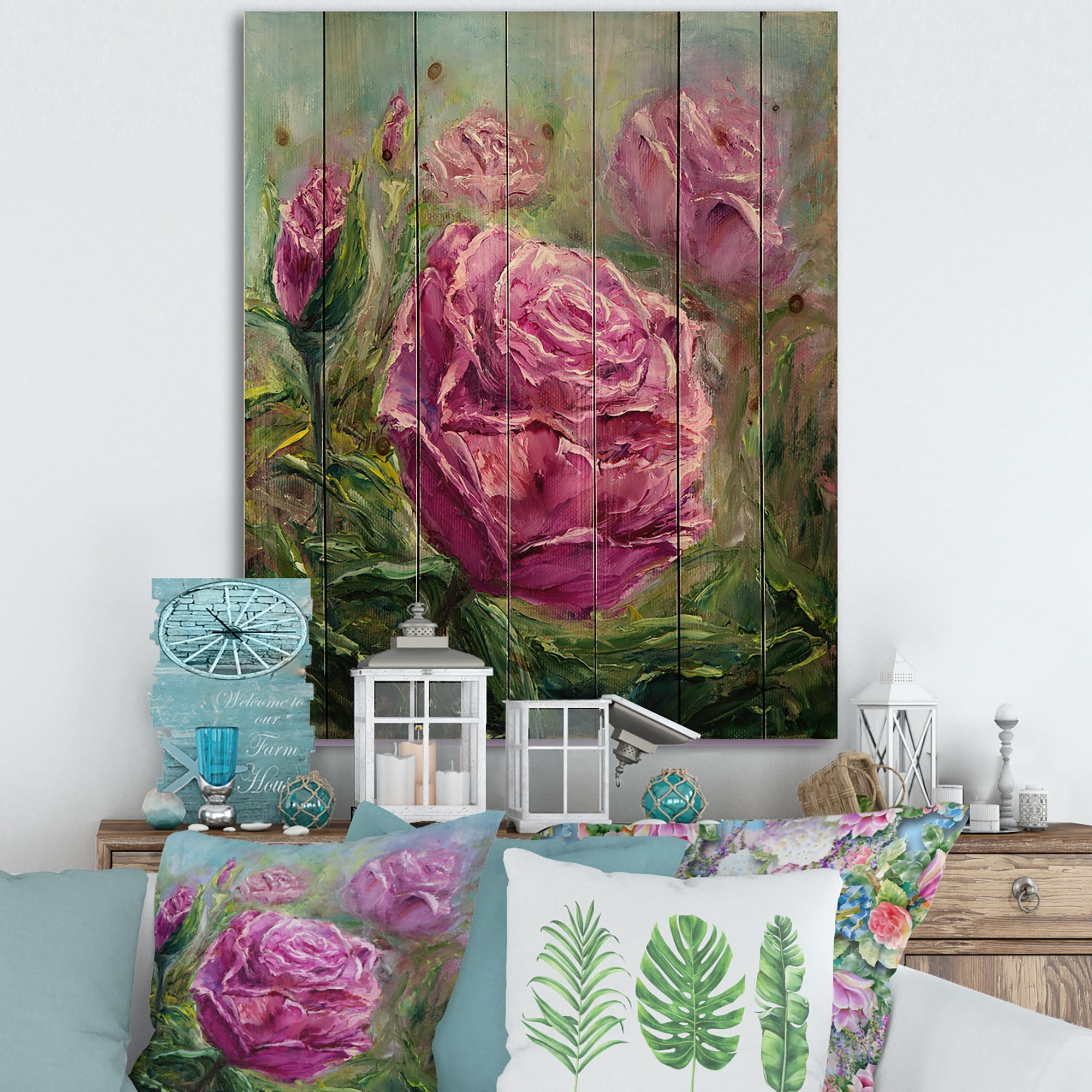 Designart 'Abstract Pink Peonies' Traditional Print on Natural Pine Wood