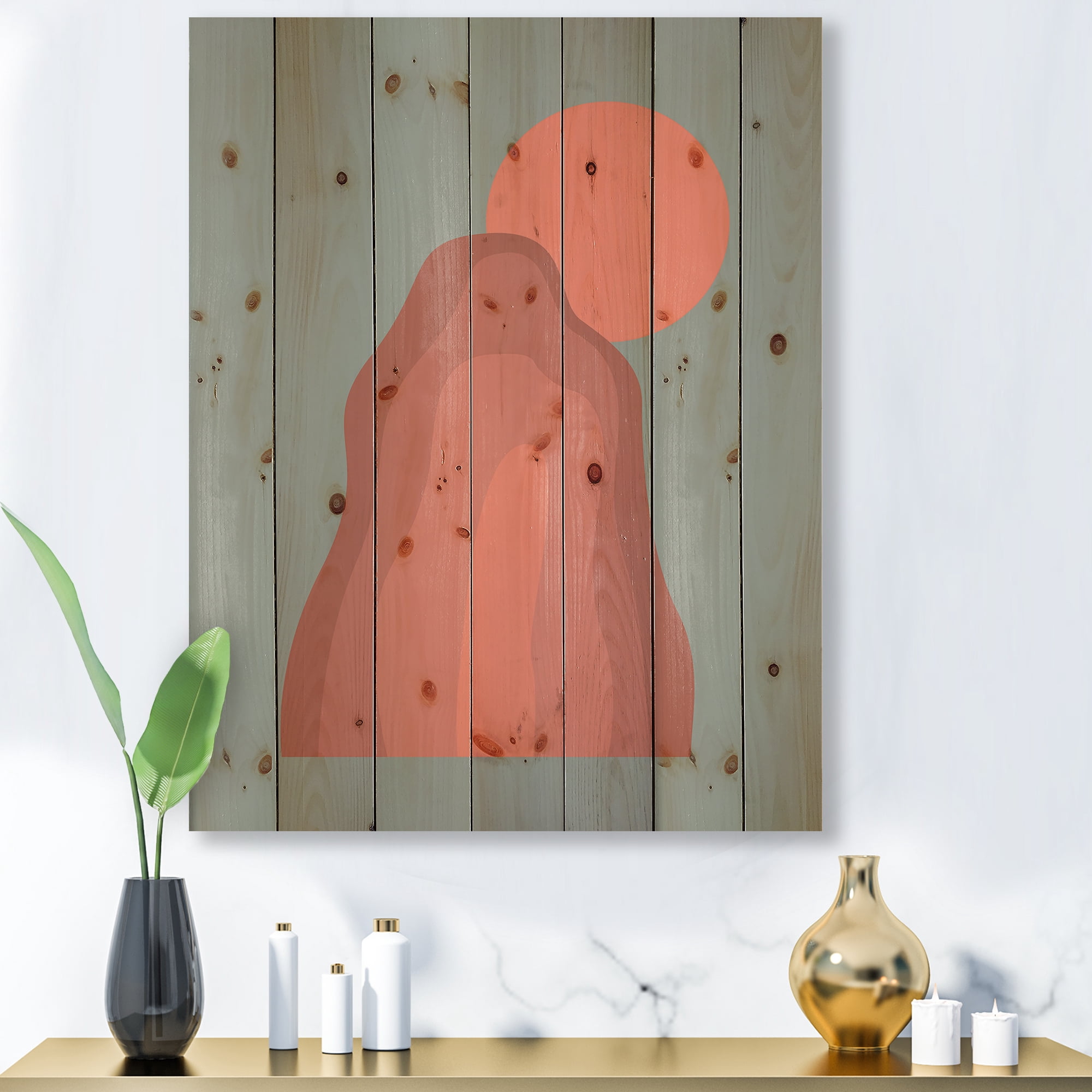 Designart 'Abstract Pink Sunset Mountain Landscape' Modern Print on Natural Pine Wood