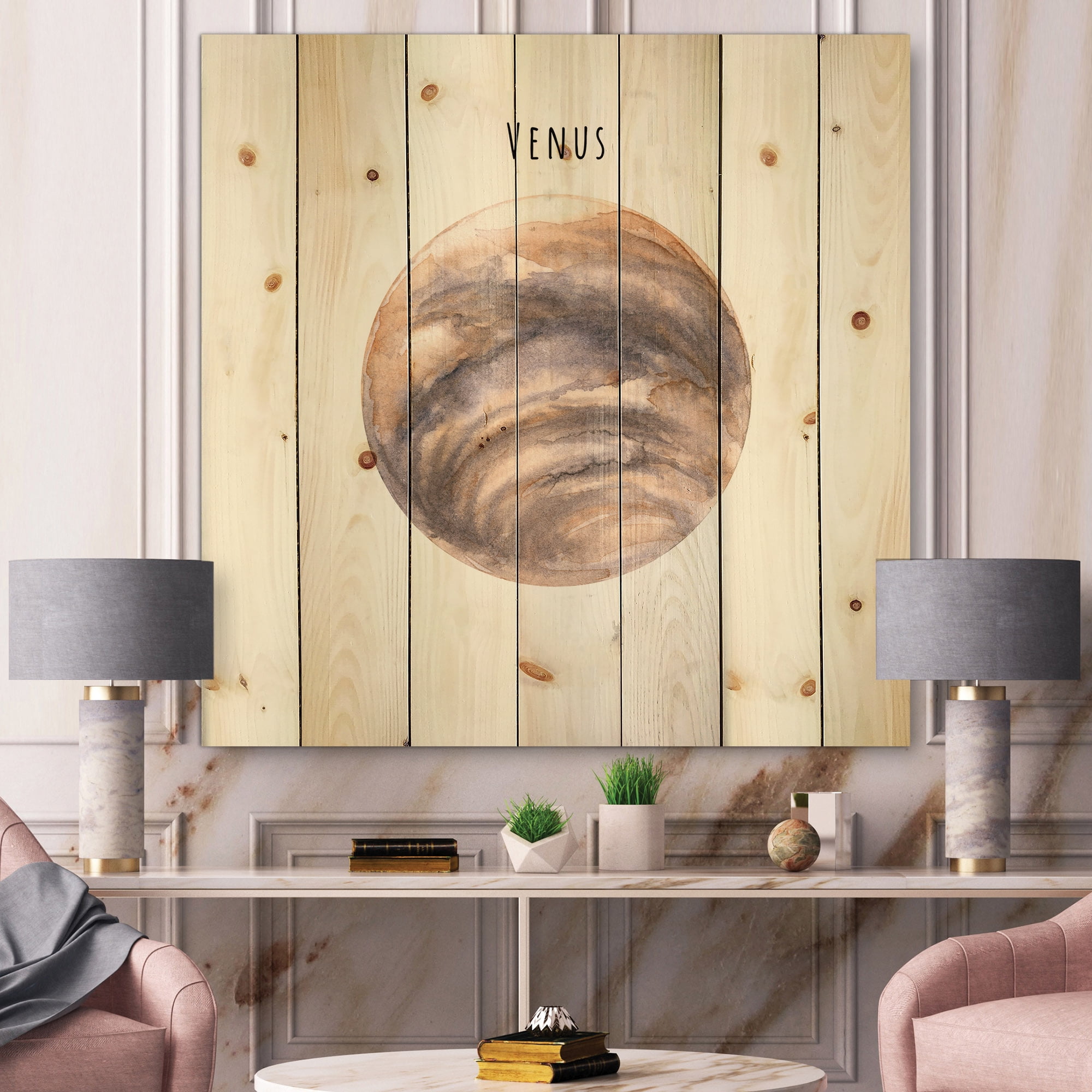 Designart 'Abstract Planet Venus' Bohemian & Eclectic Print on Natural Pine Wood