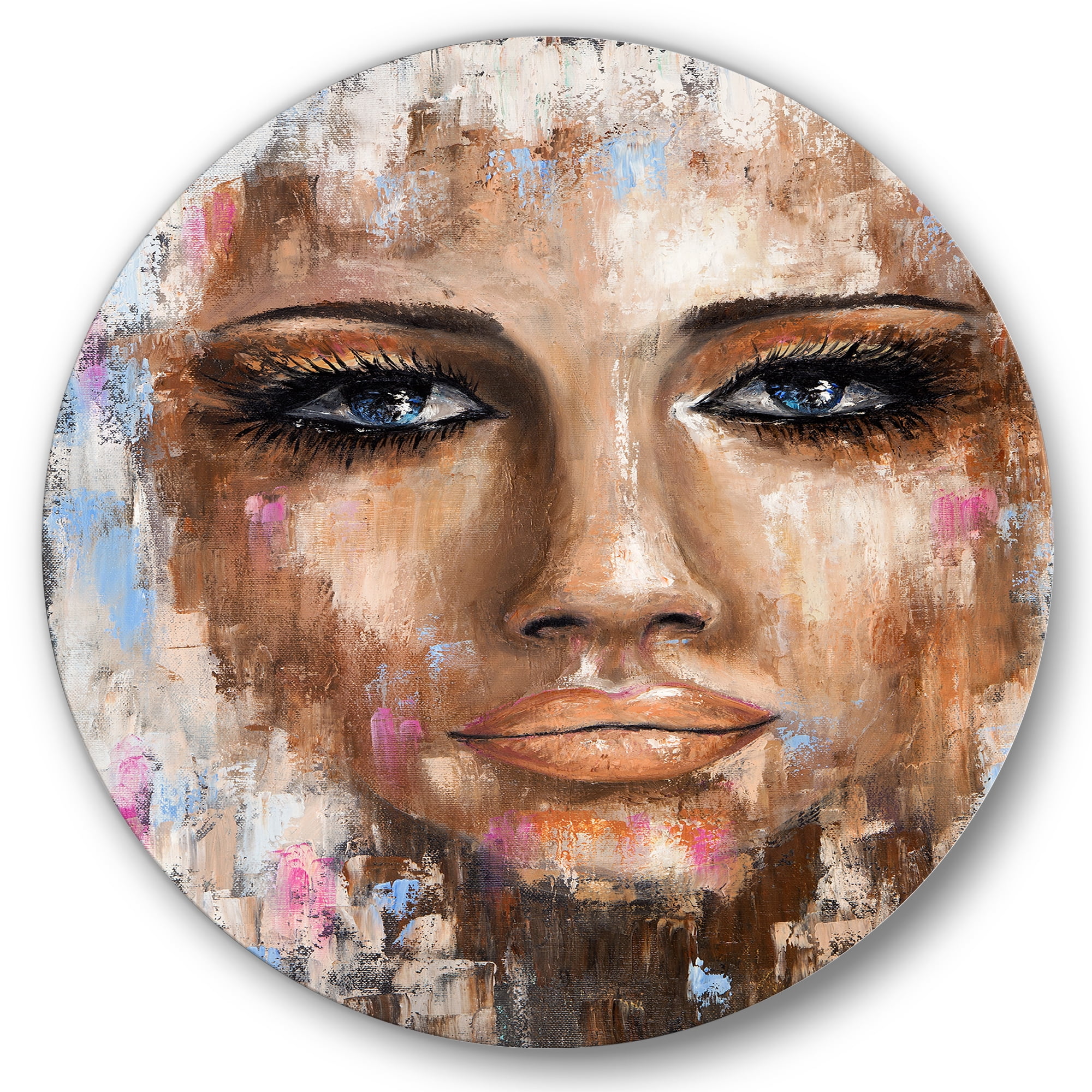 Designart 'Abstract Portrait Of A Young Woman With Blue Eyes I' Modern Circle Metal Wall Art 23x23 - Disc of 23