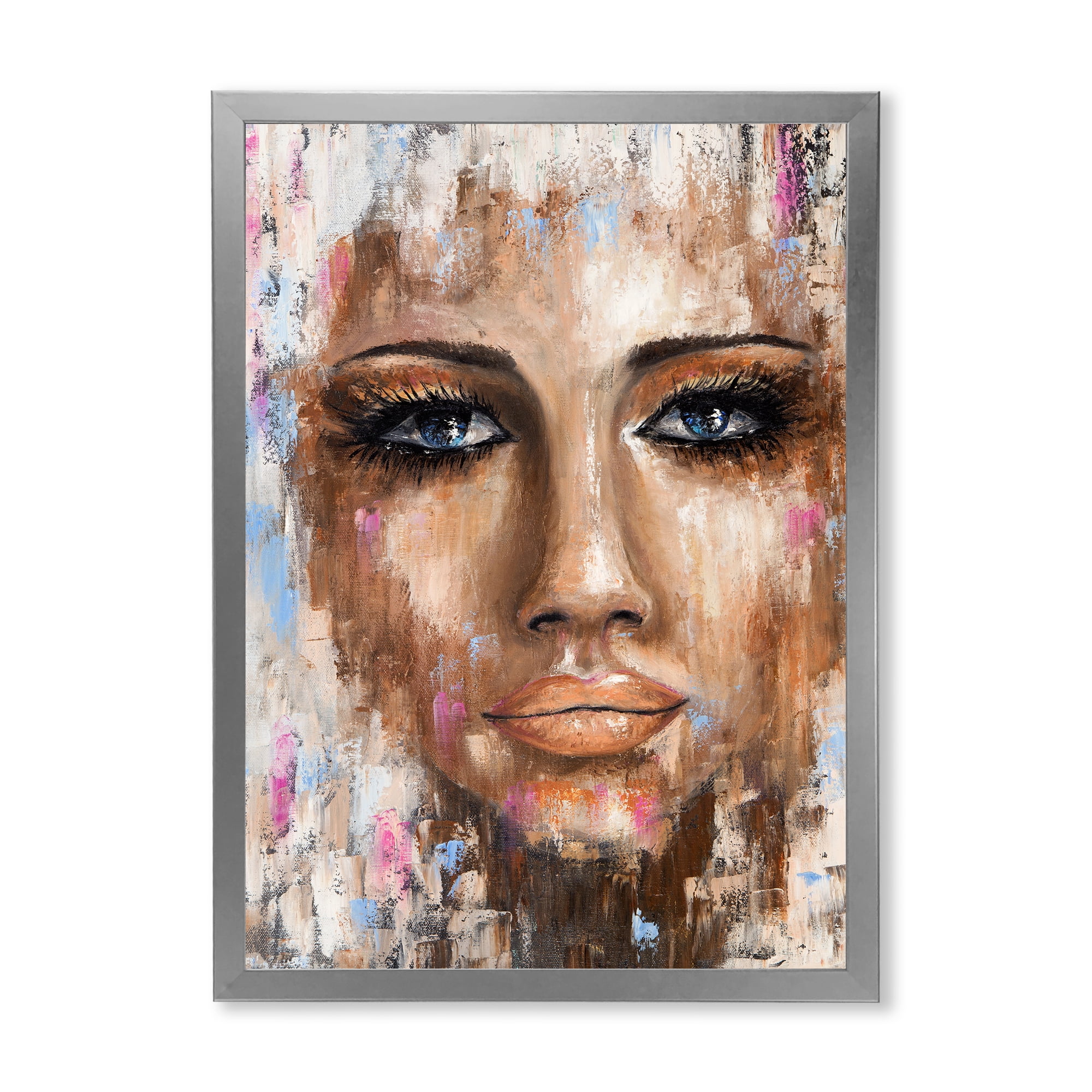 Designart 'Abstract Portrait Of A Young Woman With Blue Eyes I' Modern Framed Art Print