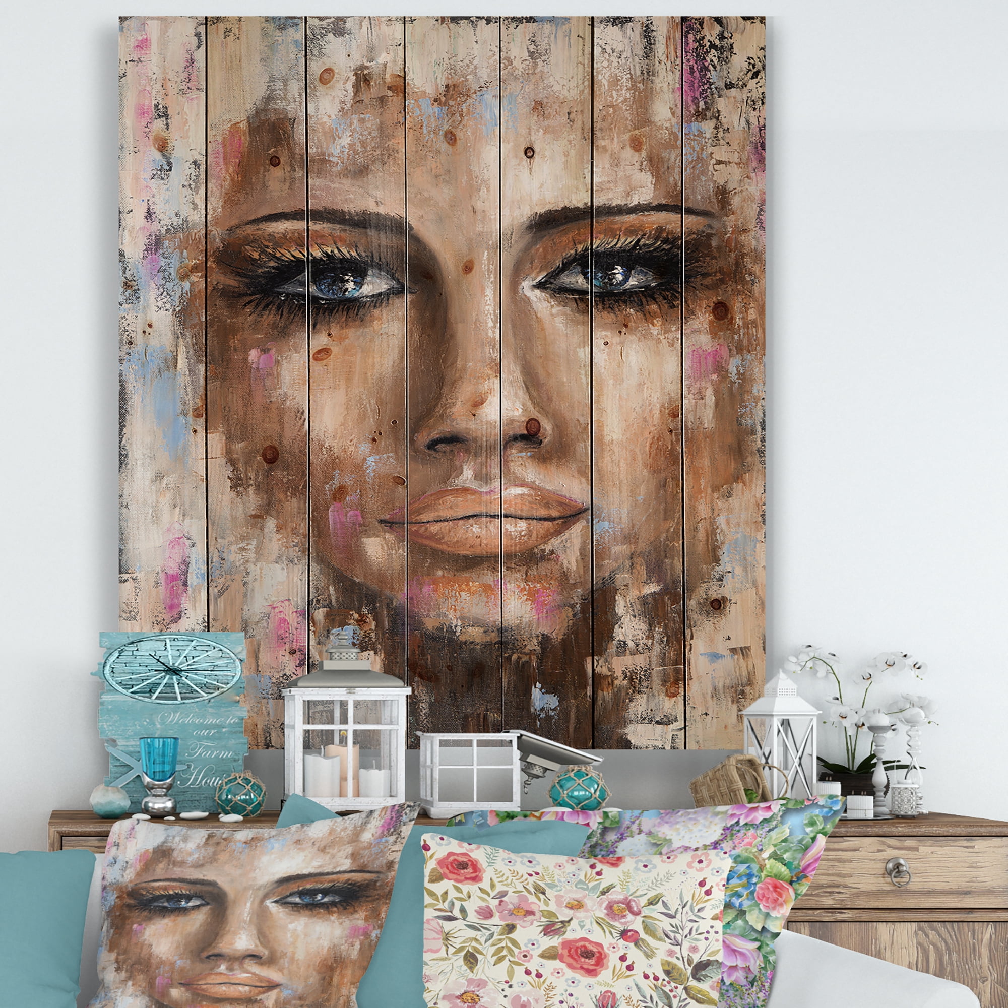 Designart 'Abstract Portrait Of A Young Woman With Blue Eyes I' Modern Print on Natural Pine Wood