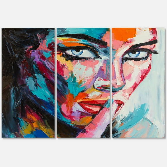 Designart ' Abstract Portrait Of A Young Woman With Blue Eyes II ' Modern Canvas Wall Art Print