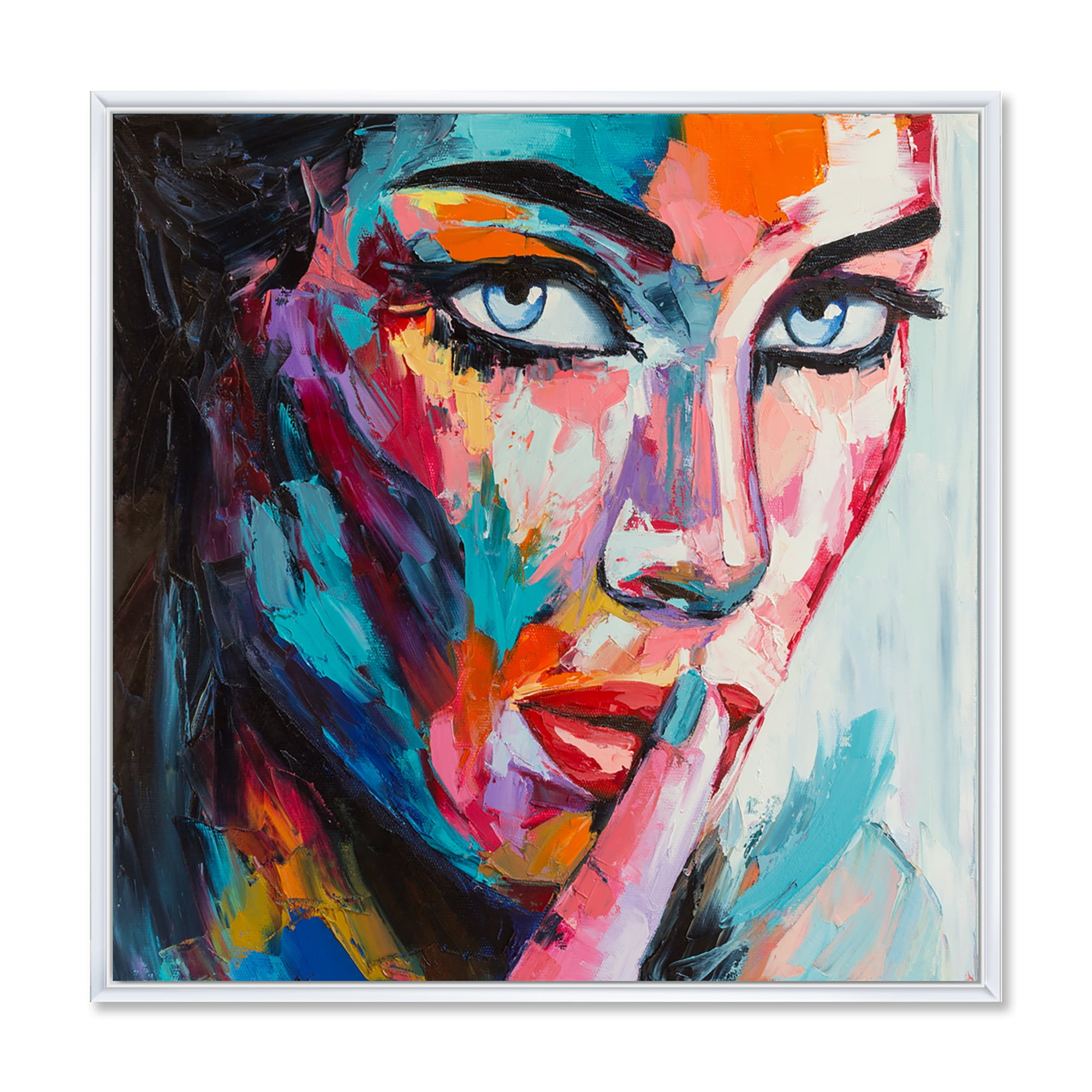 Designart 'Abstract Portrait Of A Young Woman With Blue Eyes II' Modern Framed Canvas Wall Art Print