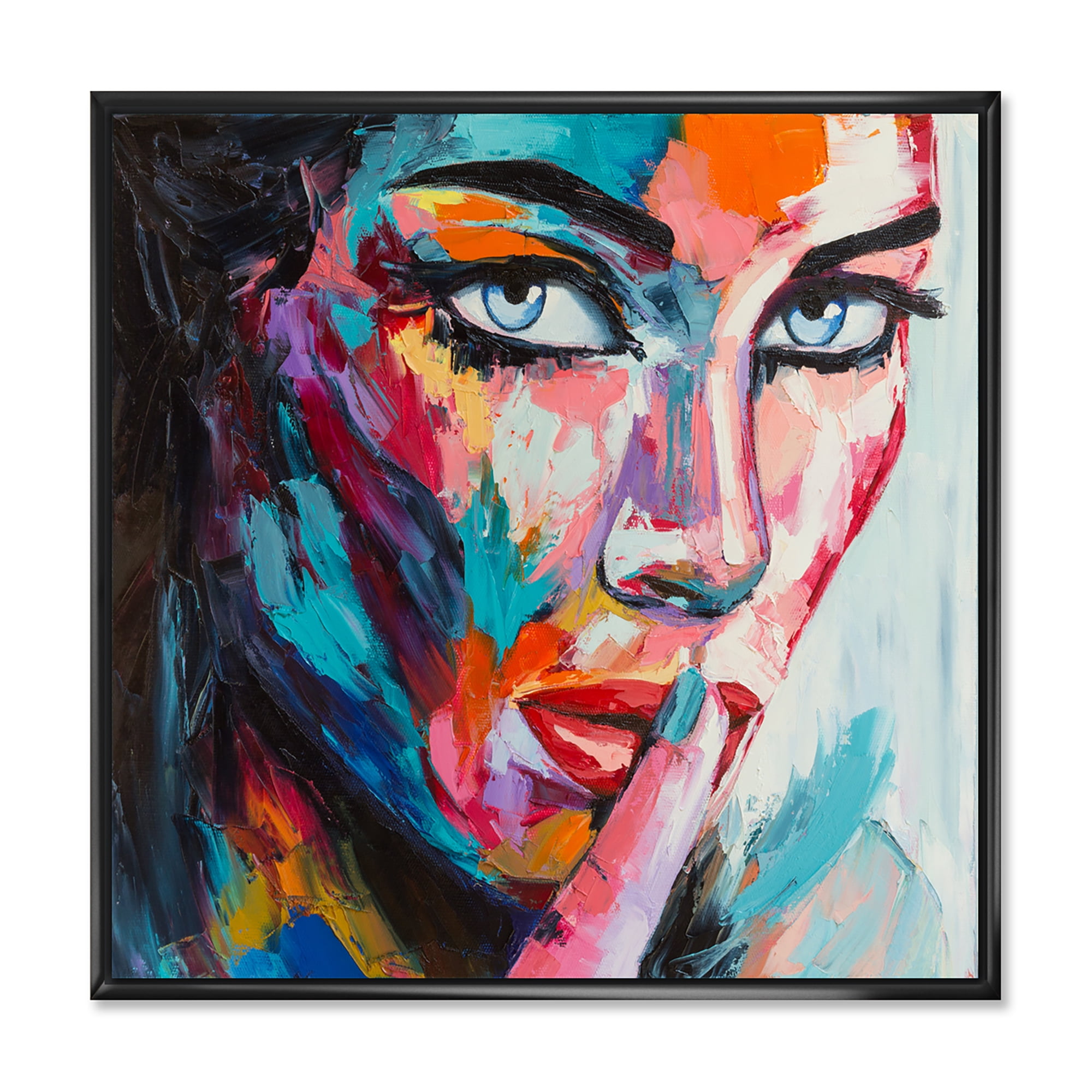 Designart 'Abstract Portrait Of A Young Woman With Blue Eyes II' Modern Framed Canvas Wall Art Print