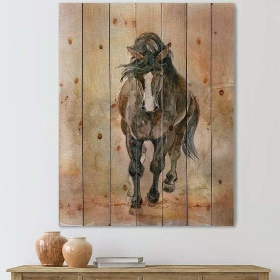 Designart 'Abstract Portrait Of Beautiful Chestnut Horse II' Farmhouse Print on Natural Pine Wood