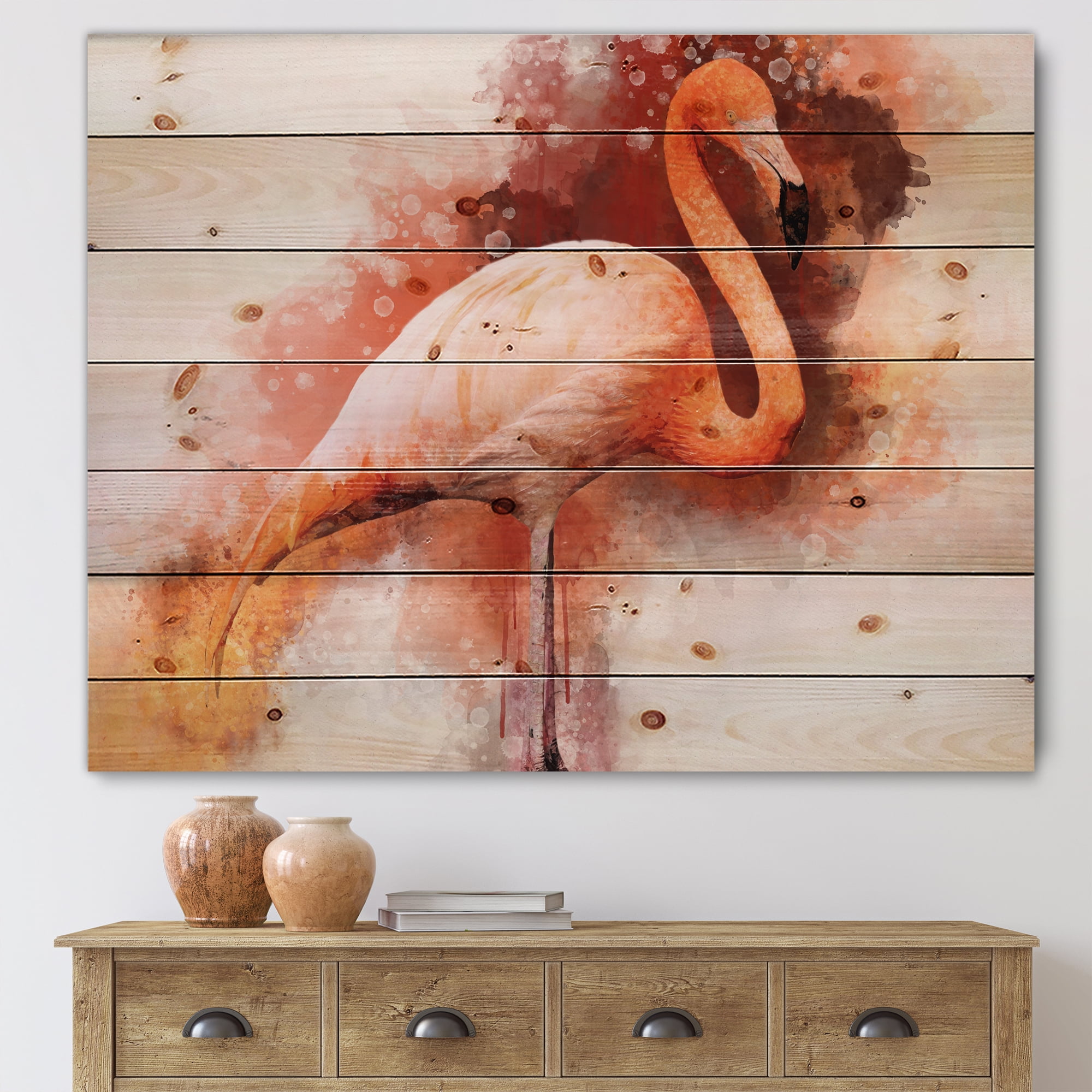 Designart 'Abstract Portrait of Pink Flamingo II' Farmhouse Print on Natural Pine Wood