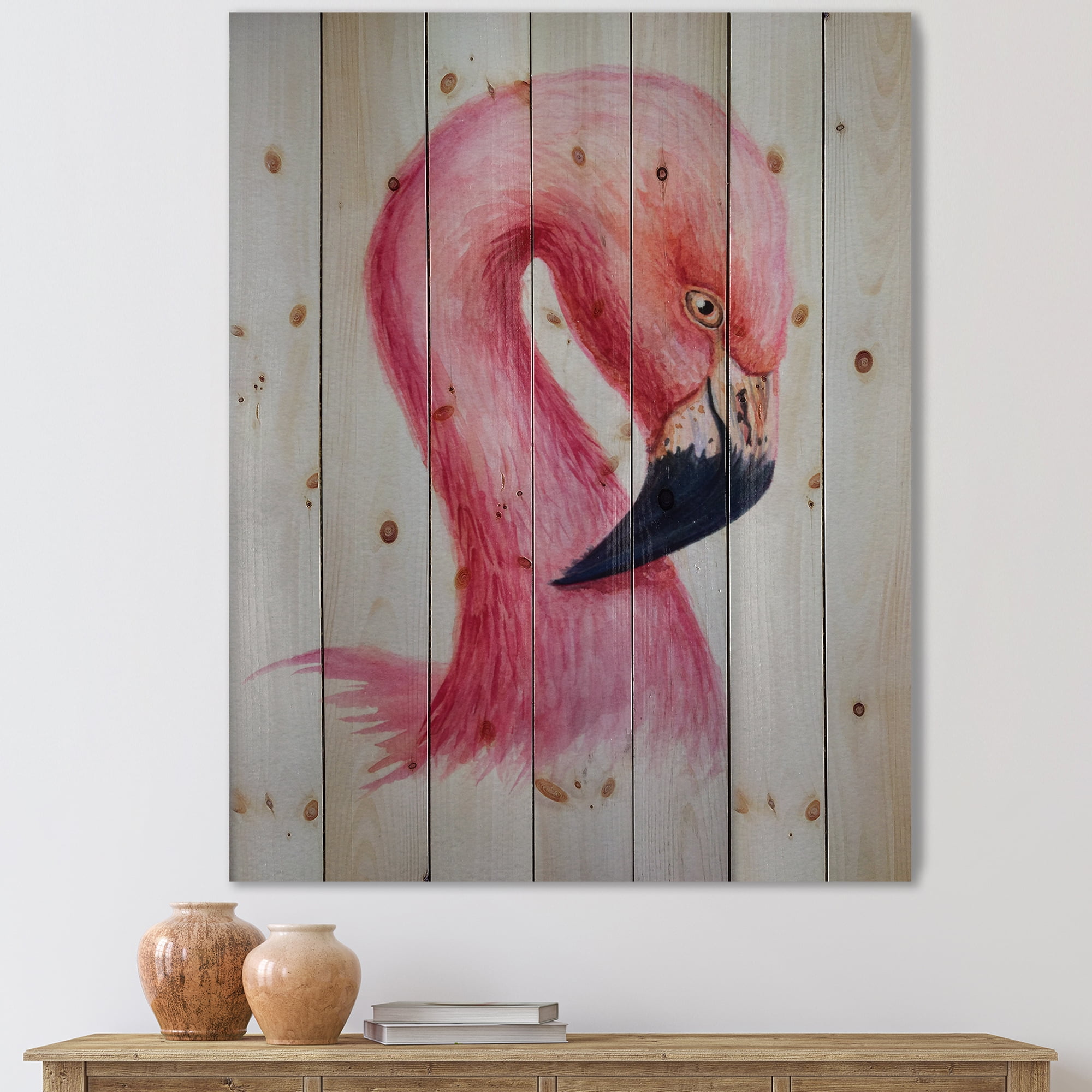 Pink Flamingo Portrait on Natural Pine Wood Wall Art