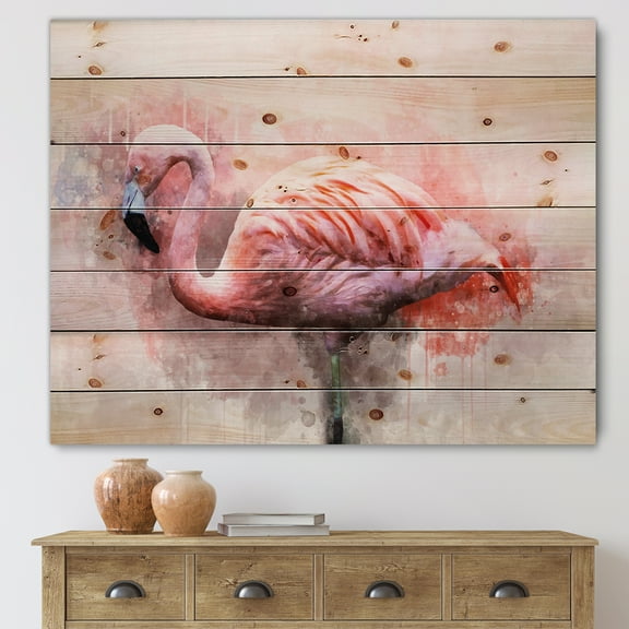 Designart 'Abstract Portrait of Pink Flamingo V' Farmhouse Print on Natural Pine Wood
