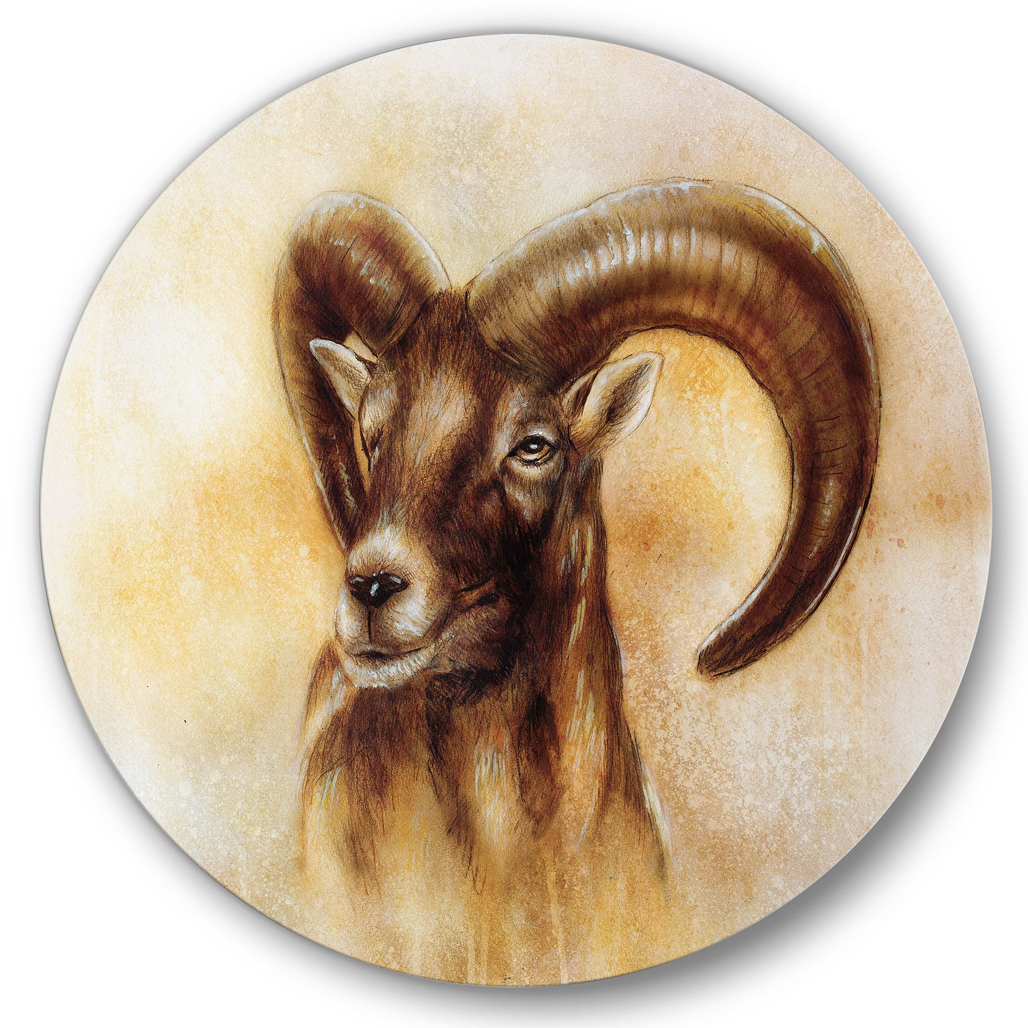 Designart 'Abstract Portrait of Wild Ram With Mighty Horns I' Modern Circle Metal Wall Art 29x29 - Disc of 29