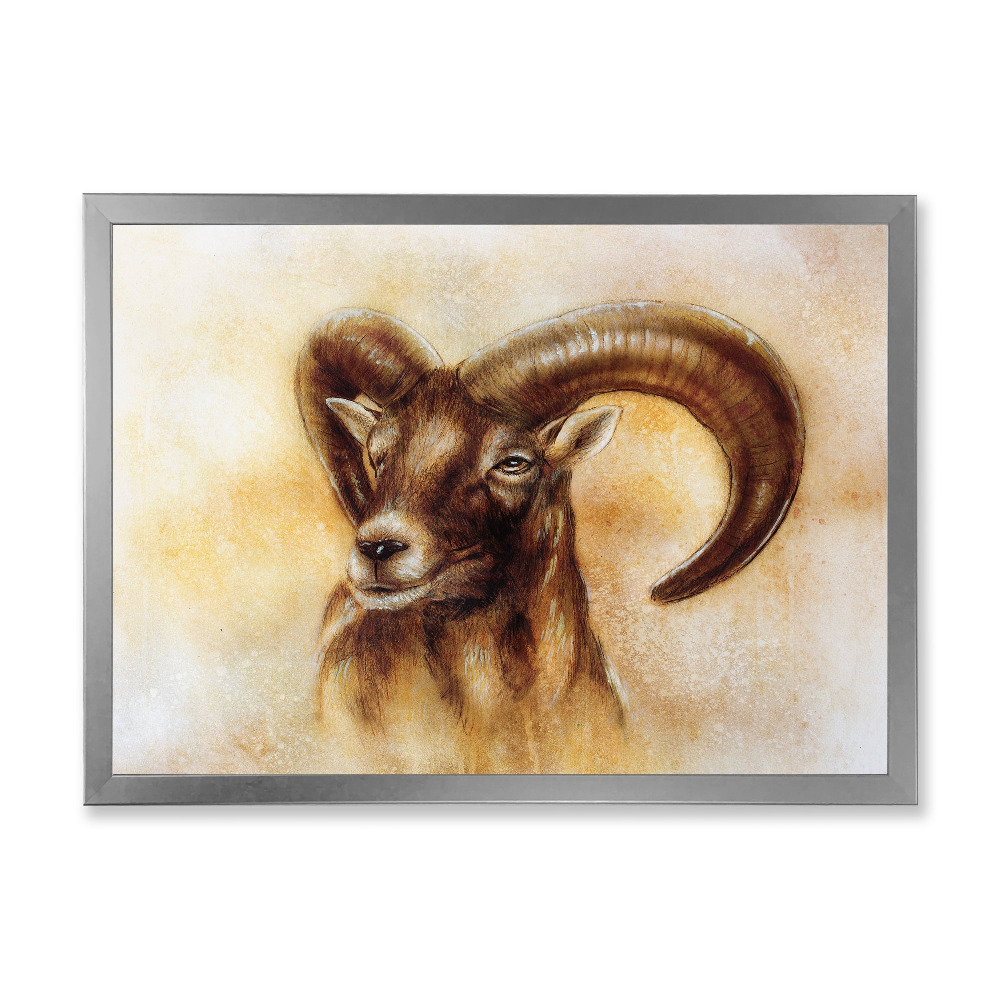 Designart 'Abstract Portrait of Wild Ram With Mighty Horns I' Modern Framed Art Print
