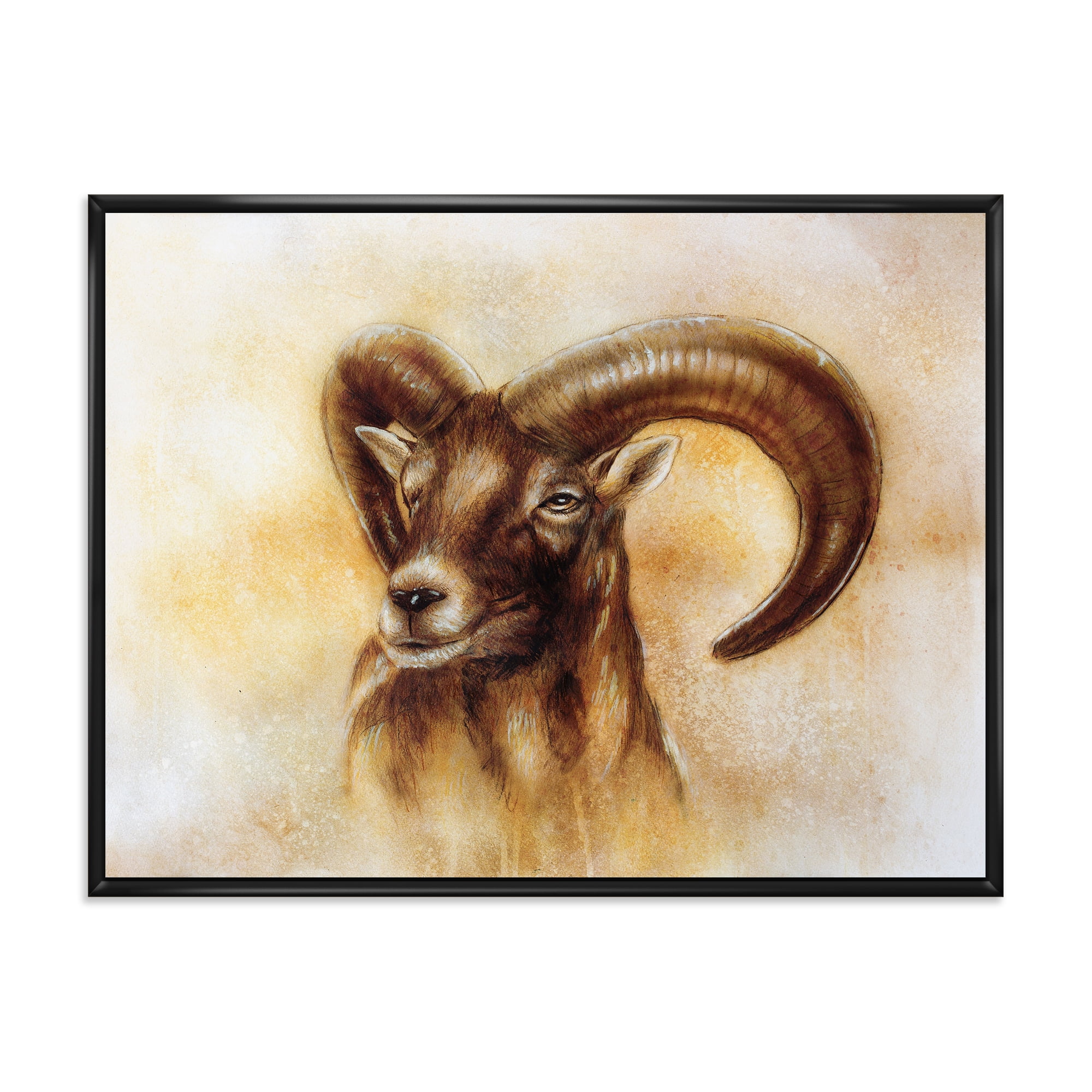 Designart 'Abstract Portrait of Wild Ram With Mighty Horns I' Modern Framed Canvas Wall Art Print