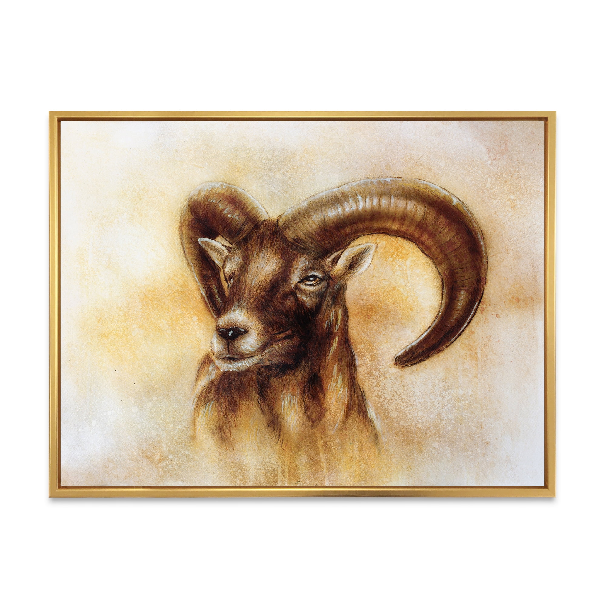 Designart 'Abstract Portrait of Wild Ram With Mighty Horns I' Modern Framed Canvas Wall Art Print
